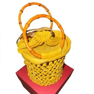 Sunny Yellow Woven Mini Bag with Bamboo Handles